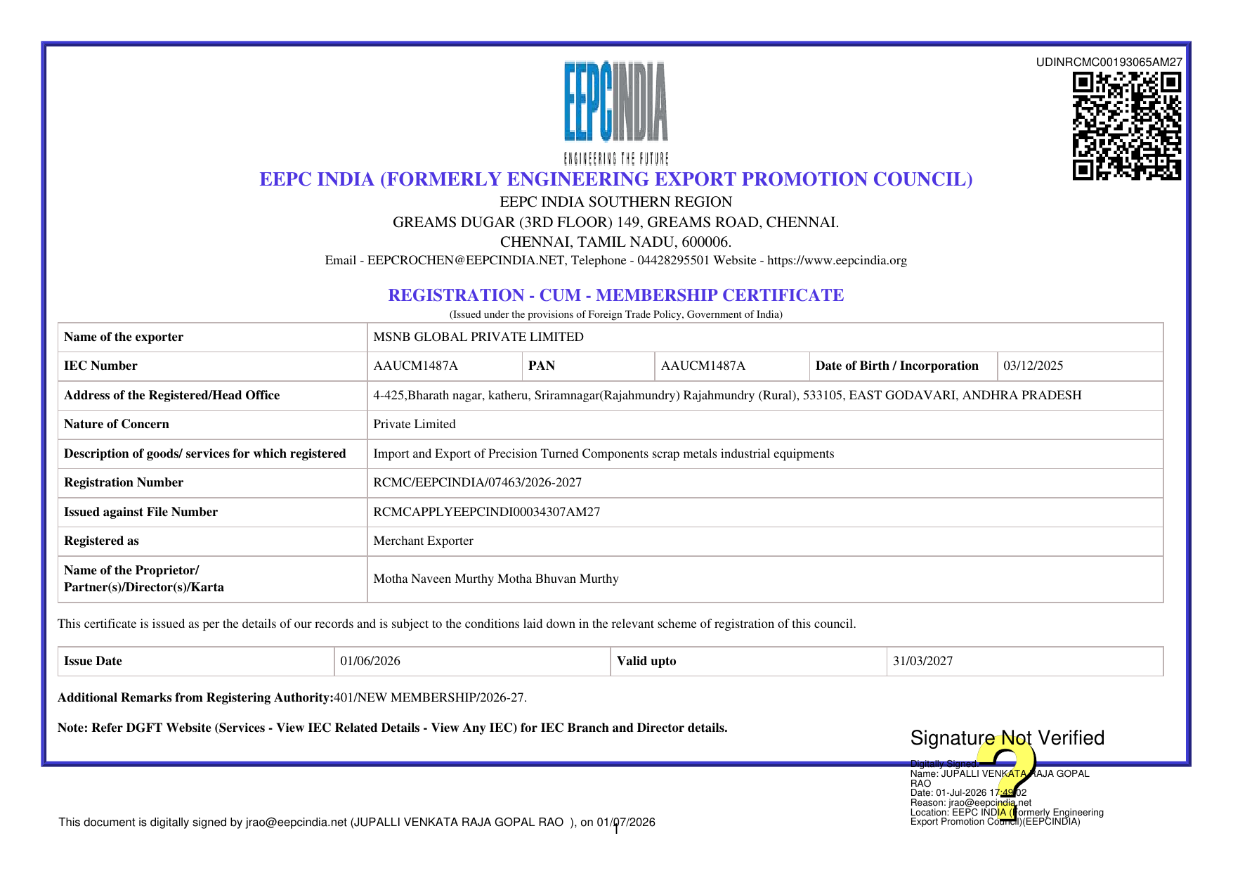 EEPC India Registration-cum-Membership Certificate